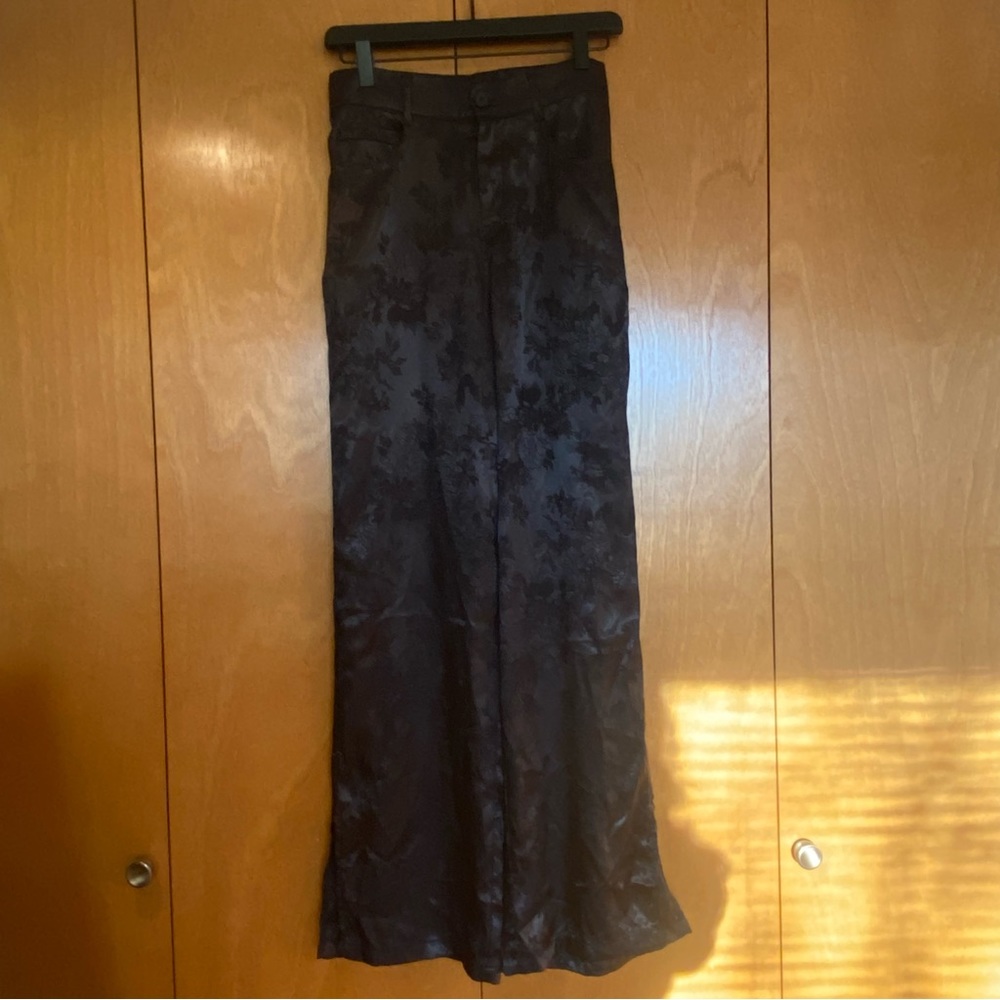 Cider High-Rise Satin Black Floral Jacquard Side Slit Pants